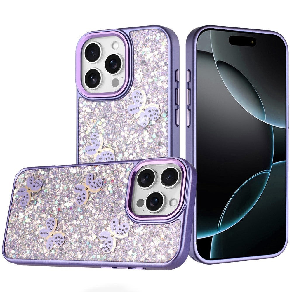 For iPhone 16 PRO MAX Case Glitter Flakes with Cute Butterflies + Tempered Glass