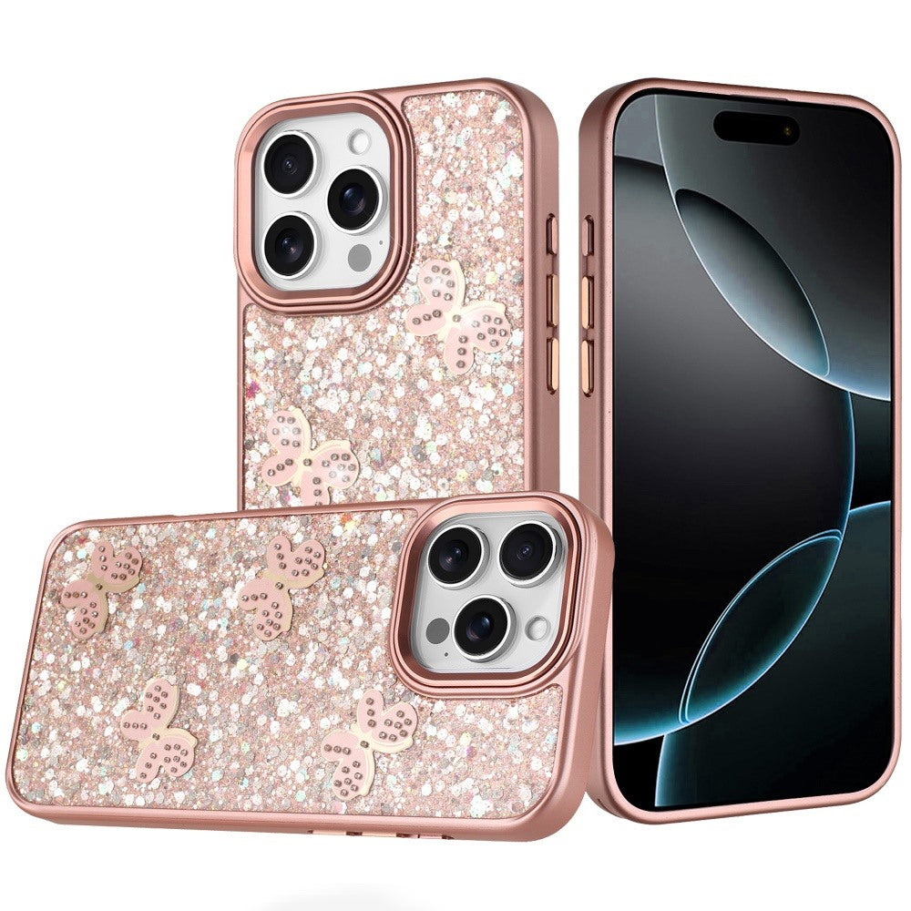 For iPhone 16 PRO MAX Case Glitter Flakes with Cute Butterflies + Tempered Glass