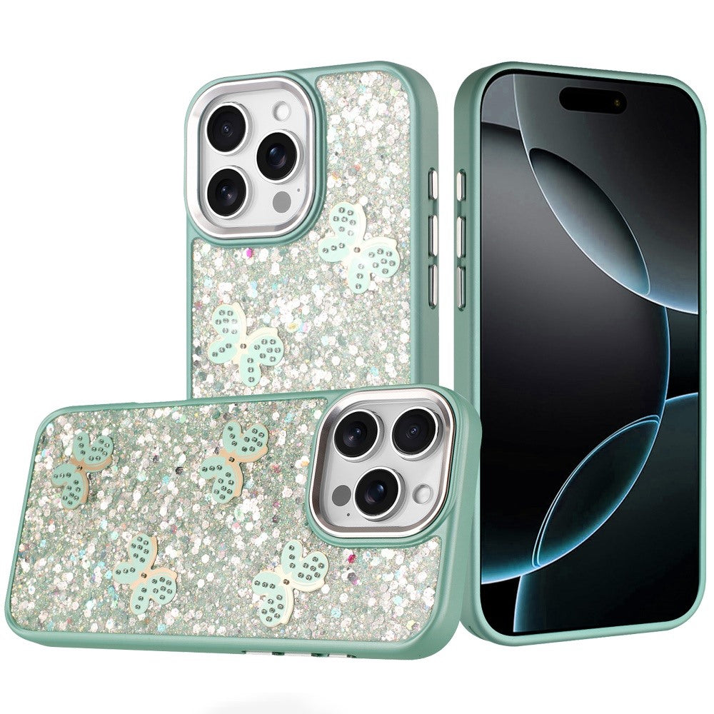 For iPhone 16 PRO MAX Case Glitter Flakes with Cute Butterflies + Tempered Glass