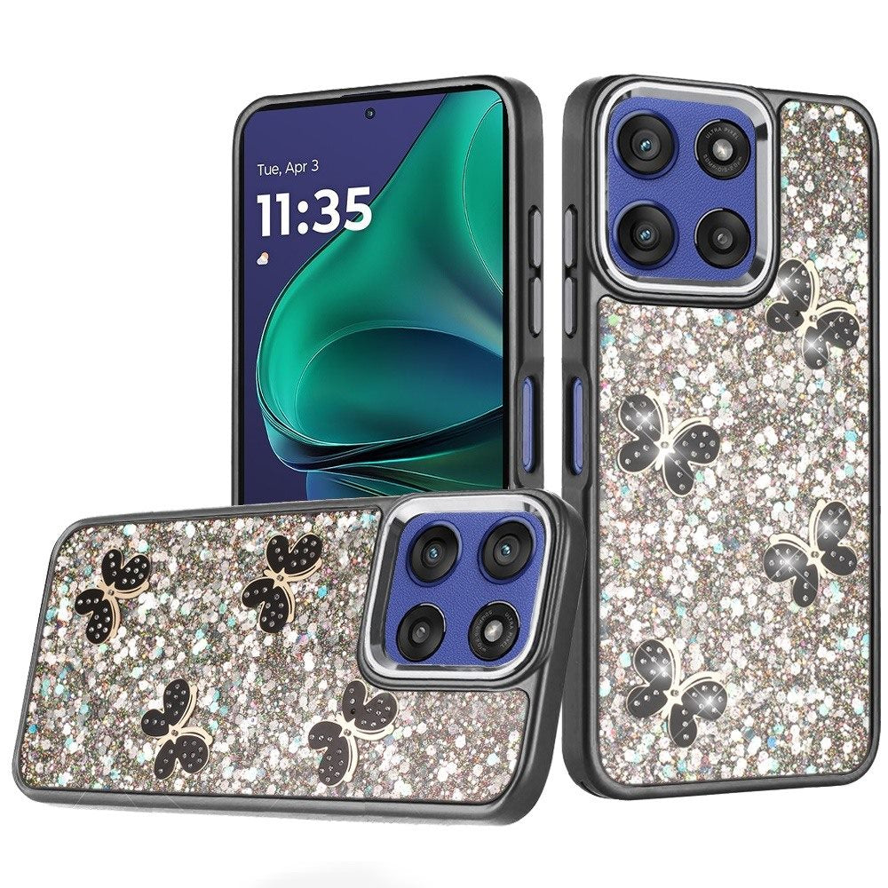 For Moto G Stylus 2025 Case Glitter Flakes w/ Cute Butterflies + Tempered Glass