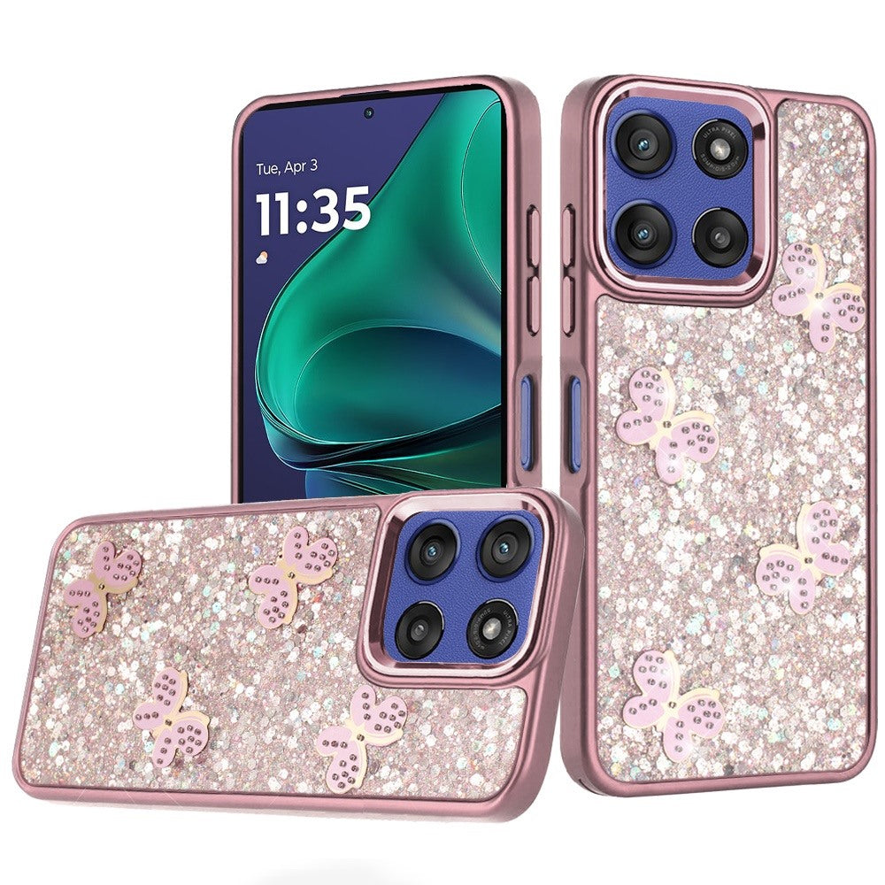 For Moto G Stylus 2025 Case Glitter Flakes w/ Cute Butterflies + Tempered Glass