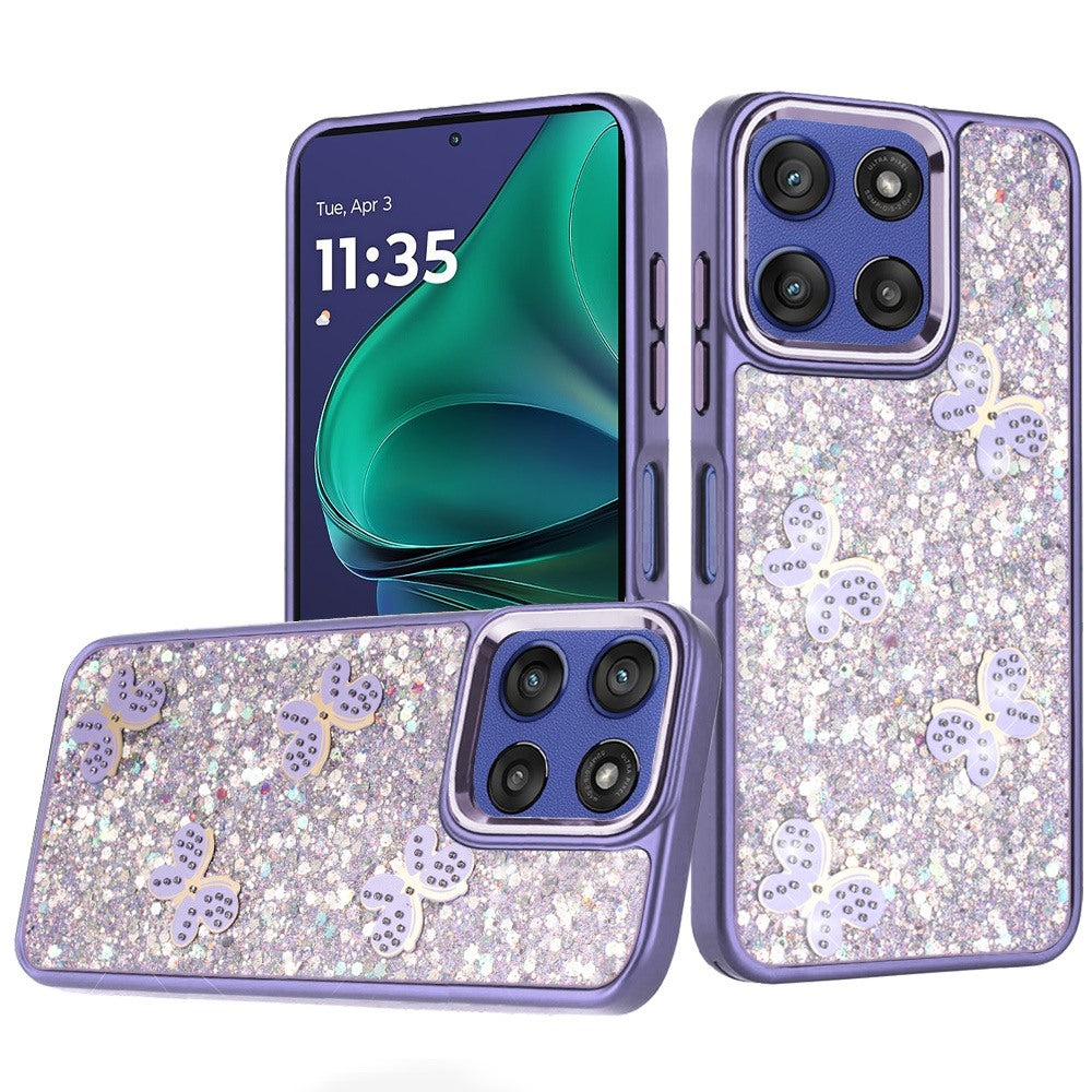 For Moto G Stylus 2025 Case Glitter Flakes w/ Cute Butterflies + Tempered Glass