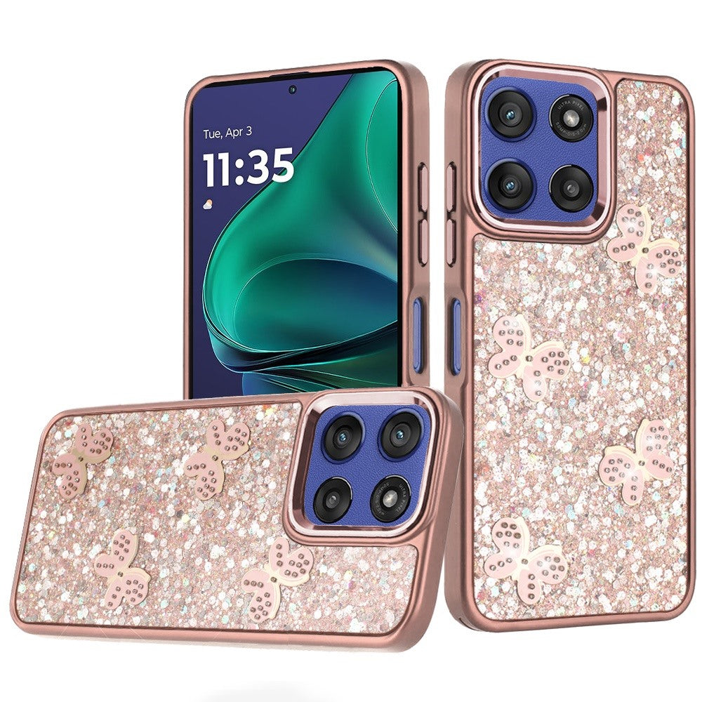 For Moto G Stylus 2025 Case Glitter Flakes w/ Cute Butterflies + Tempered Glass