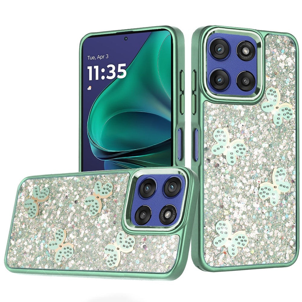 For Moto G Stylus 2025 Case Glitter Flakes w/ Cute Butterflies + Tempered Glass