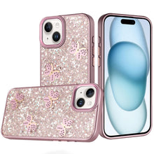 For iPhone 15 Case Full Glitter Flakes with Cute Butterflies + 2 Tempered Glass
