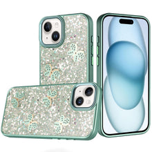For iPhone 15 Case Full Glitter Flakes with Cute Butterflies + 2 Tempered Glass