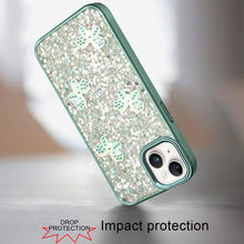 For iPhone 15 Case Full Glitter Flakes with Cute Butterflies + 2 Tempered Glass