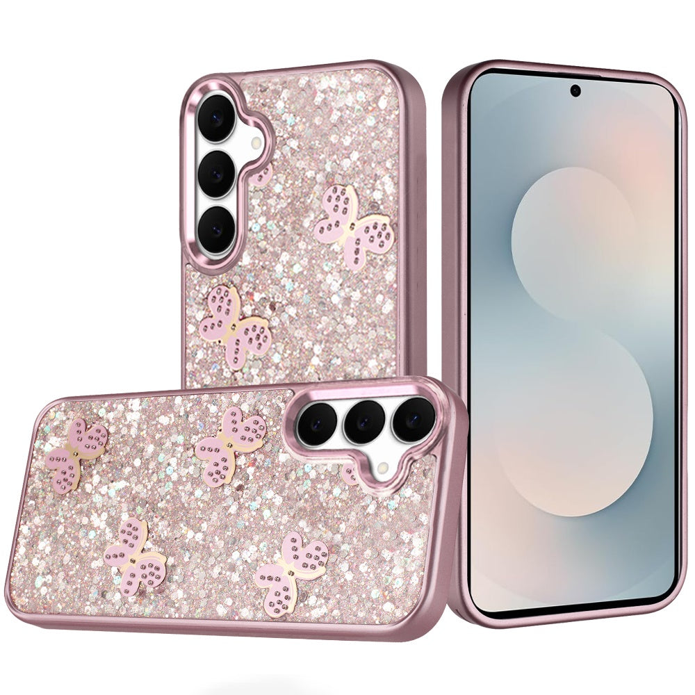 For Samsung S25 FE Case Full Glitter Flakes w/ Cute Butterflies + Tempered Glass