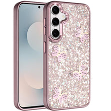 For Samsung S25 FE Case Full Glitter Flakes w/ Cute Butterflies + Tempered Glass