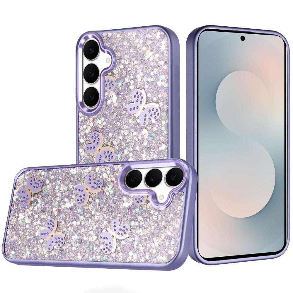 For Samsung S25 FE Case Full Glitter Flakes w/ Cute Butterflies + Tempered Glass