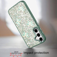 For Samsung S25 FE Case Full Glitter Flakes w/ Cute Butterflies + Tempered Glass