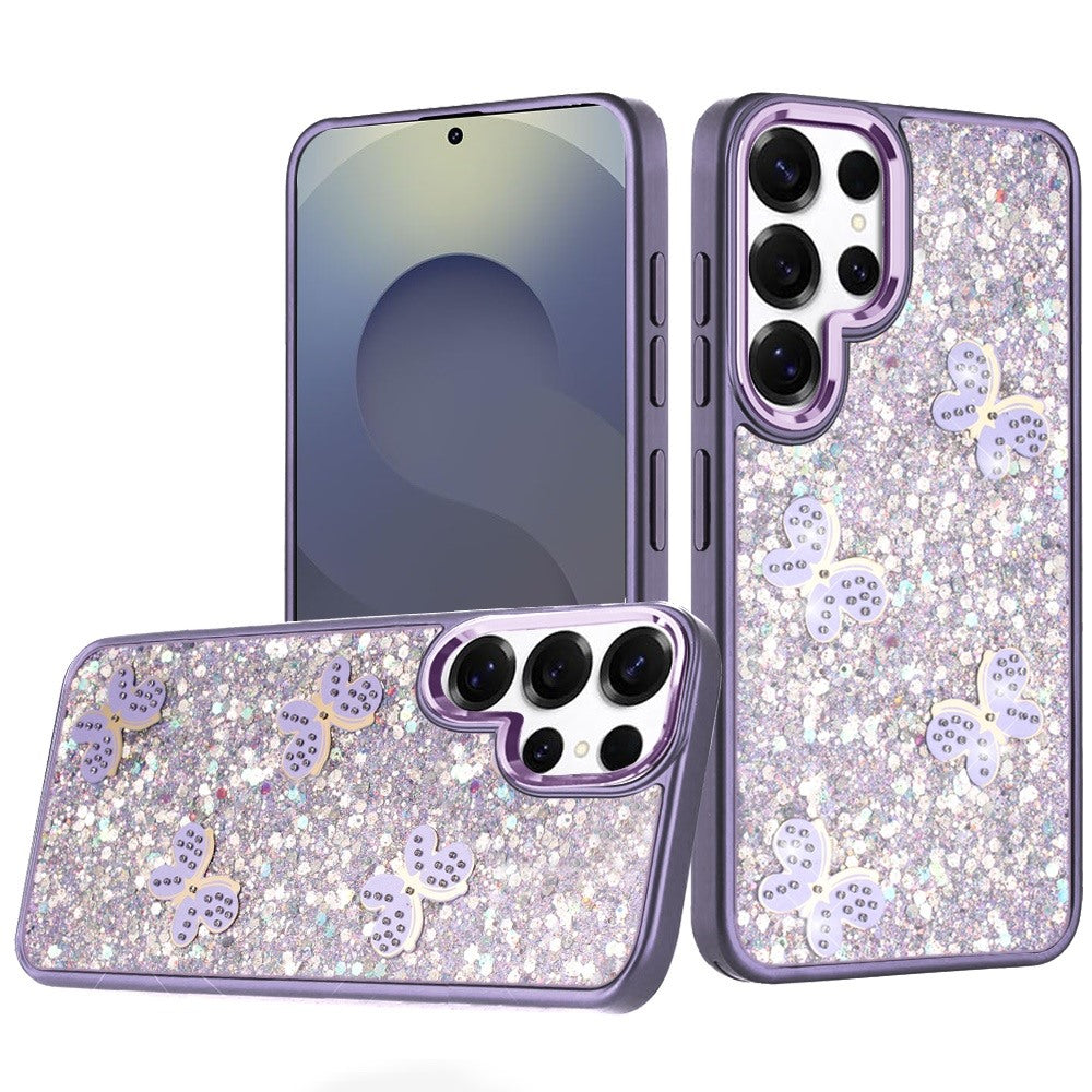For Samsung S25 Ultra Case Glitter Flakes with Cute Butterflies + Tempered Glass