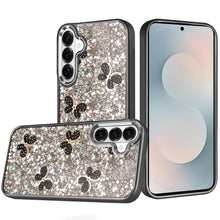 For Samsung S26 6.3" Case Full Glitter Flakes Cute Butterflies + Tempered Glass