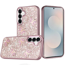 For Samsung S26 6.3" Case Full Glitter Flakes Cute Butterflies + Tempered Glass