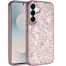 For Samsung S26 6.3" Case Full Glitter Flakes Cute Butterflies + Tempered Glass