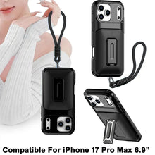 For iPhone 17 Pro Max Case Card Holder with Kickstand and Strap + Tempered Glass