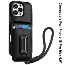 For iPhone 16 PRO MAX Case Card Holder with Kickstand and Strap + Tempered Glass