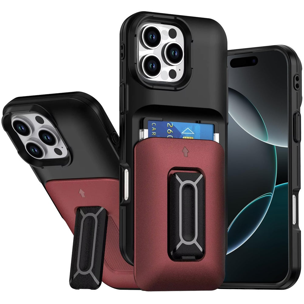 For iPhone 16 PRO MAX Case Card Holder with Kickstand and Strap + Tempered Glass