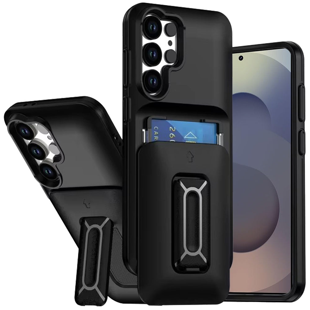 For Samsung S25 Ultra Case Card Holder with Kickstand and Strap + Tempered Glass