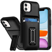 For iPhone 11 6.1 in. Case Card Holder with Kickstand and Strap + Tempered Glass