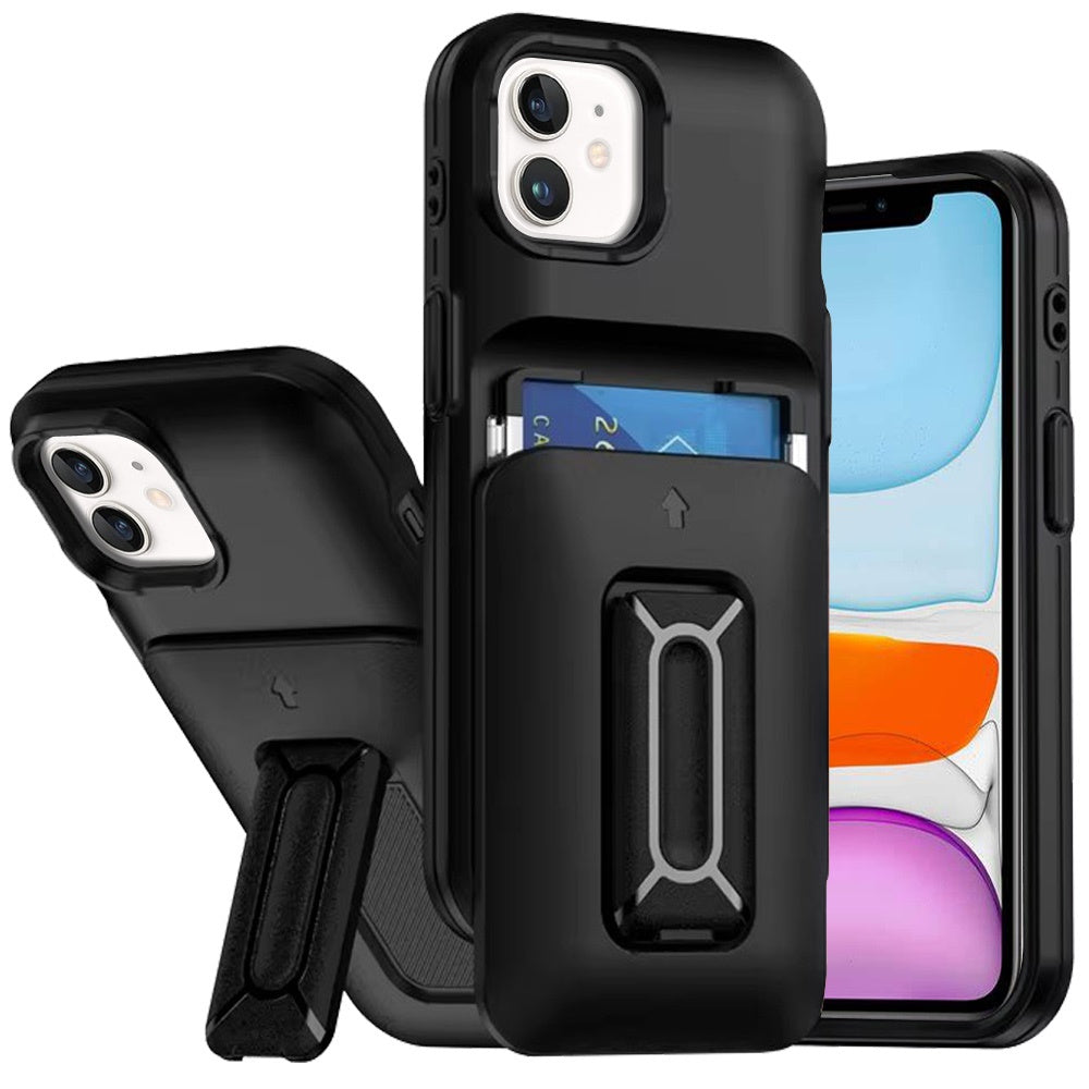 For iPhone 11 6.1 in. Case Card Holder with Kickstand and Strap + Tempered Glass