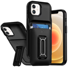 For iPhone 12, 12 Pro Case Card Holder with Kickstand and Strap + Tempered Glass