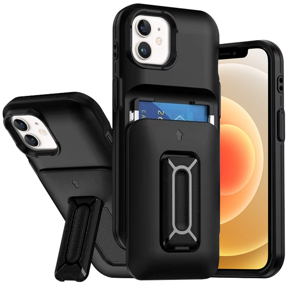 For iPhone 12, 12 Pro Case Card Holder with Kickstand and Strap + Tempered Glass