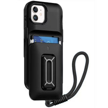 For iPhone 12, 12 Pro Case Card Holder with Kickstand and Strap + Tempered Glass
