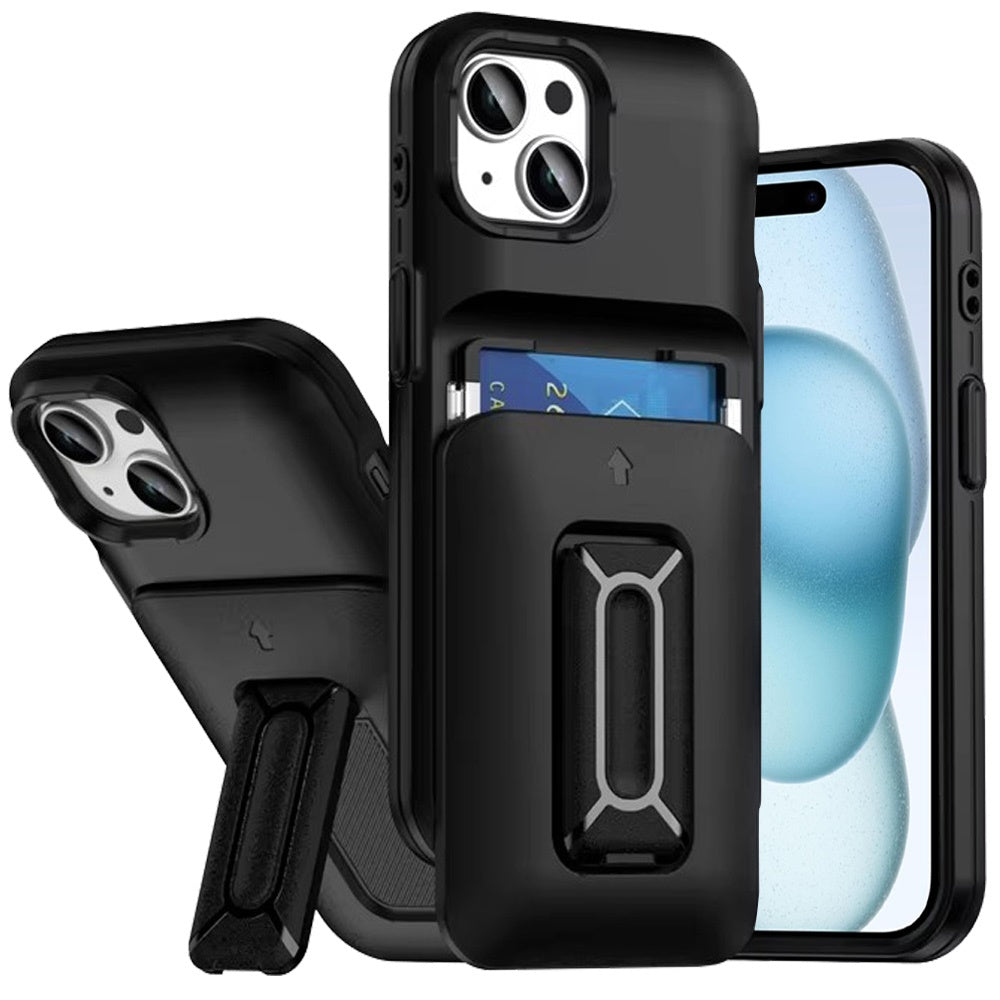 For iPhone 15 Case Thic Card Holder with Kickstand and Strap + 2 Tempered Glass