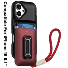 For iPhone 16 6.1inch Case Card Holder with Kickstand and Strap + Tempered Glass
