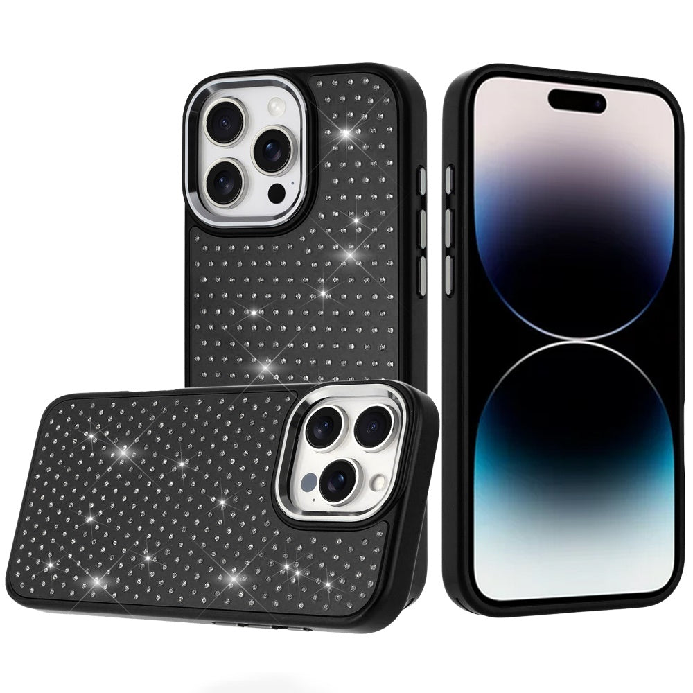 For iPhone 14 PRO MAX 6.7 in.Case Rhinestone Faux Crystals Chrome Plated Cover