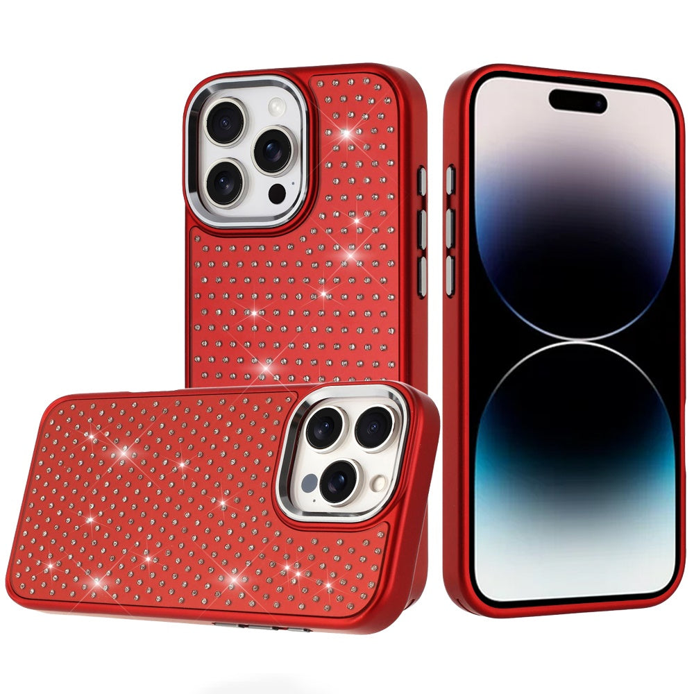 For iPhone 14 PRO MAX 6.7 in.Case Rhinestone Faux Crystals Chrome Plated Cover