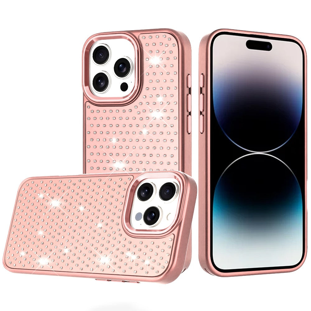 For iPhone 14 PRO MAX 6.7 in.Case Rhinestone Faux Crystals Chrome Plated Cover