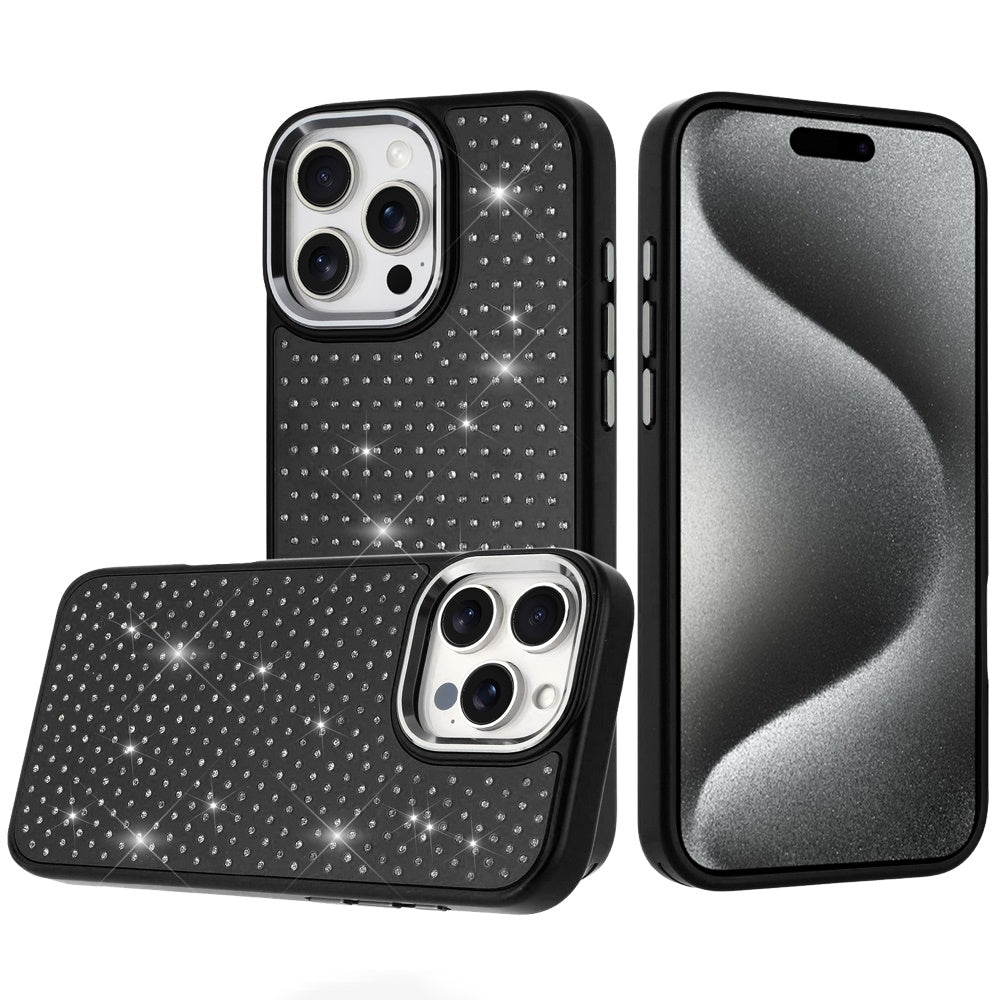 For iPhone 15 Pro Max Case Rhinestone Crystals Chrome Plated + 2 Tempered Glass