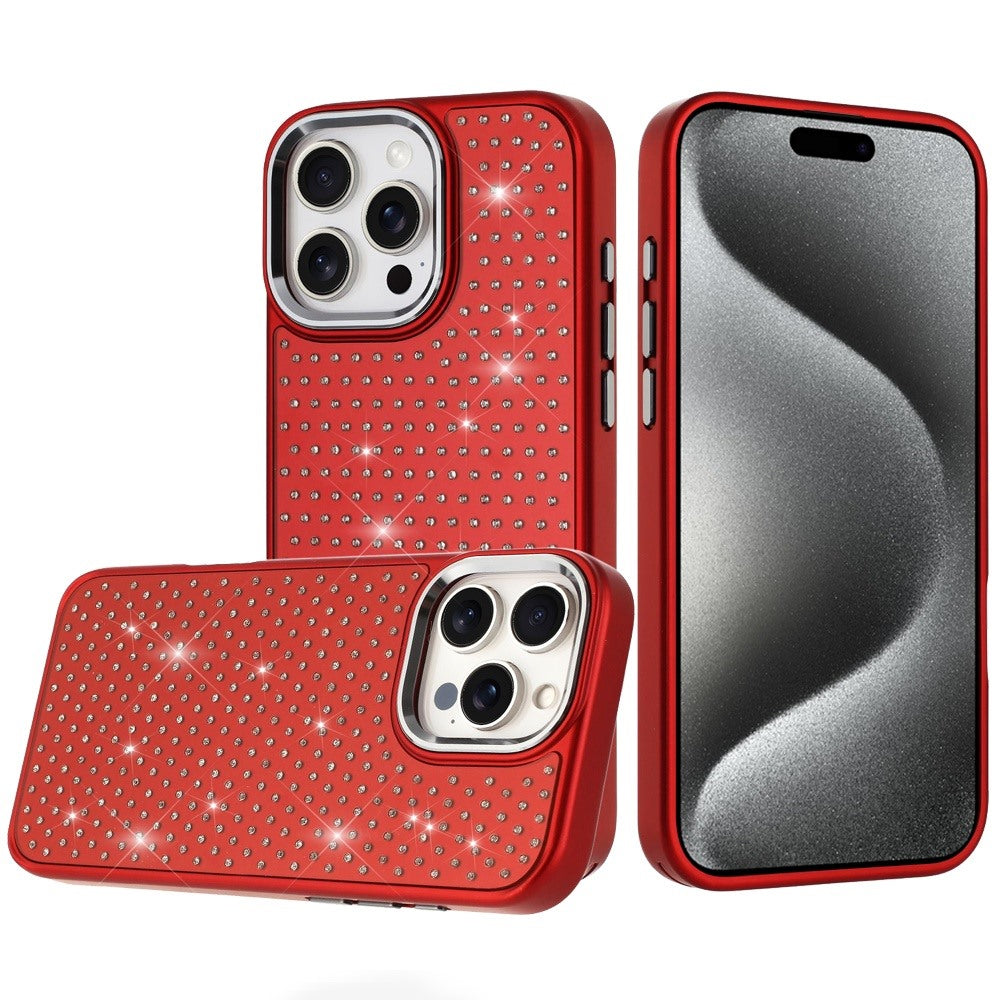 For iPhone 15 Pro Max Case Rhinestone Crystals Chrome Plated + 2 Tempered Glass