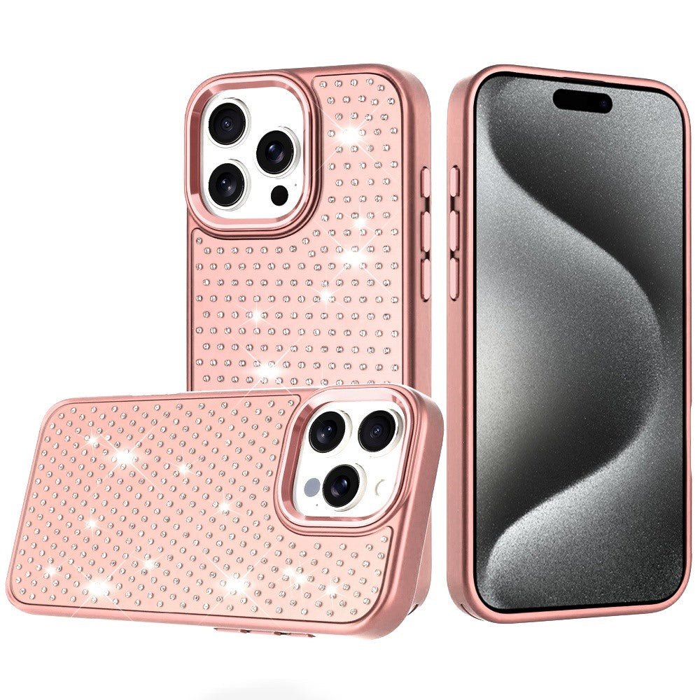 For iPhone 15 Pro Max Case Rhinestone Crystals Chrome Plated + 2 Tempered Glass