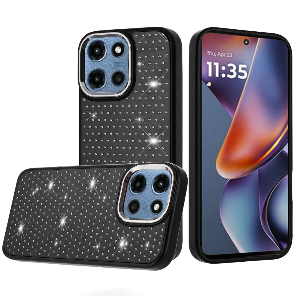 For Moto G 2025 Case Rhinestone Faux Crystals Chrome Plated + Tempered Glass