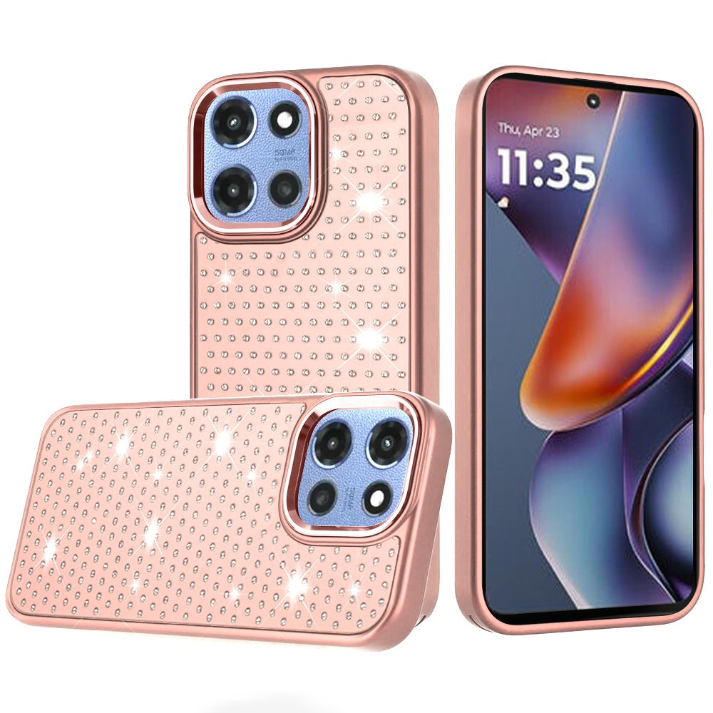 For Moto G 2025 Case Rhinestone Faux Crystals Chrome Plated + Tempered Glass