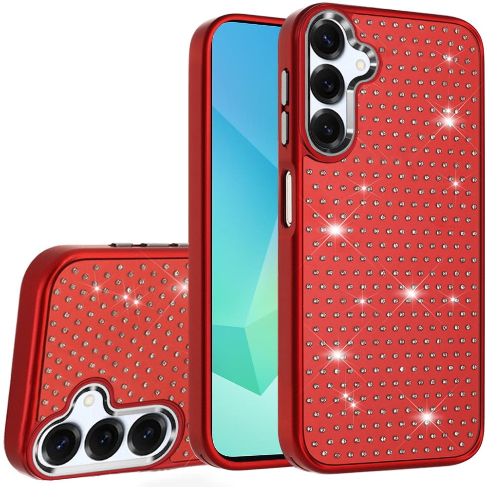 For Samsung A16 5G Case Rhinestone Faux Crystals Chrome Plated + Tempered Glass