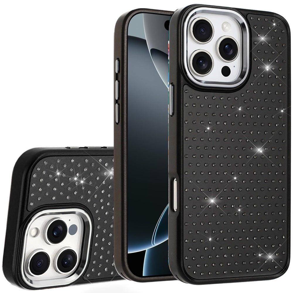 For iPhone 16 PRO MAX Case Rhinestone Faux Crystal Chrome Plated +Tempered Glass