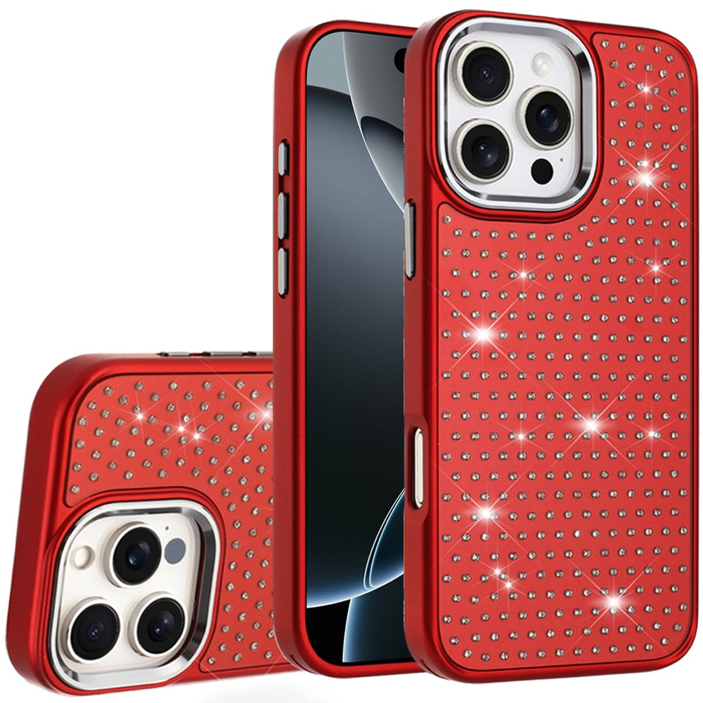 For iPhone 16 PRO MAX Case Rhinestone Faux Crystal Chrome Plated +Tempered Glass