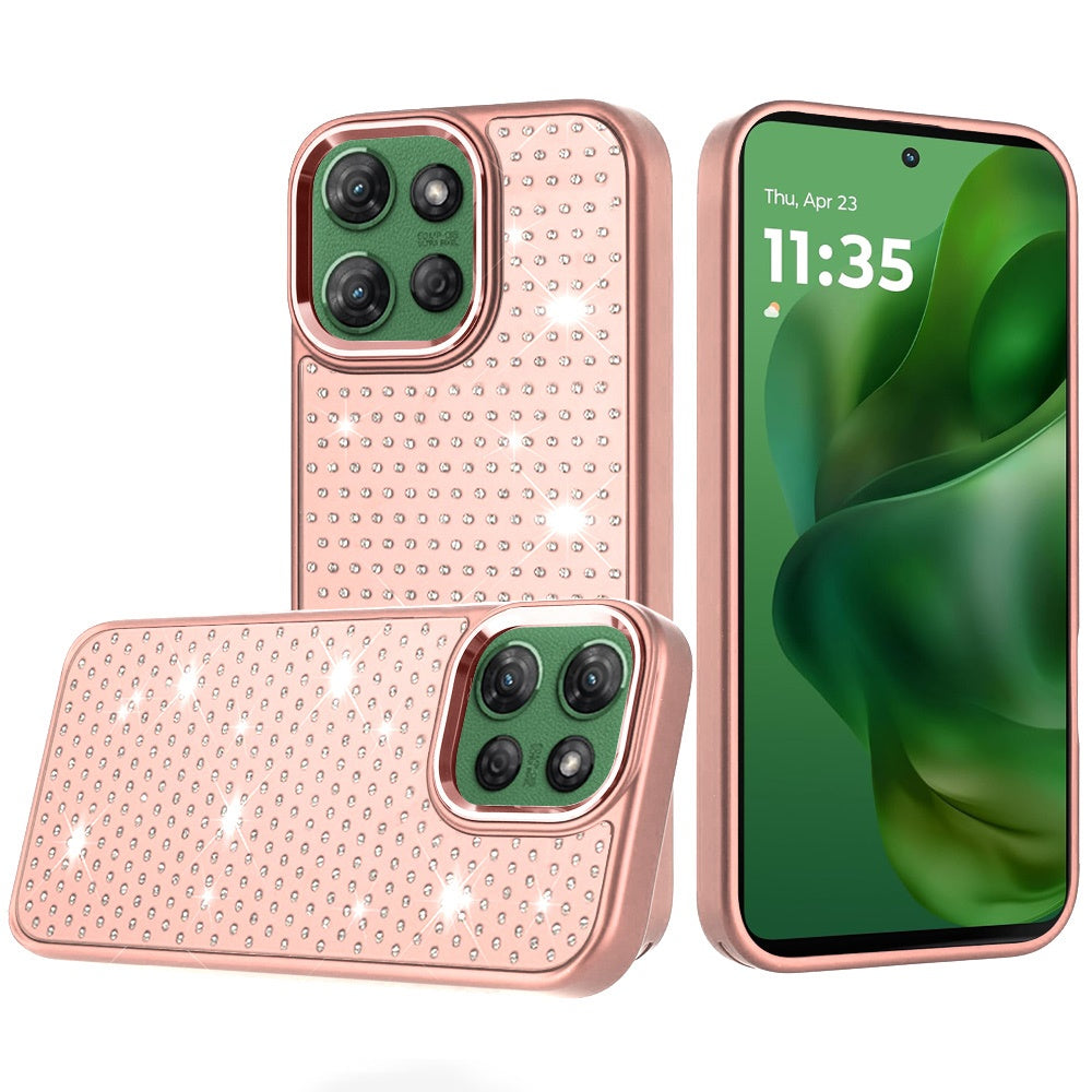 For Moto G Power 2025 Case Rhinestone Crystals Chrome Plated + Tempered Glass