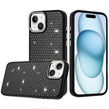 For iPhone 15 Case Rhinestone Faux Mini Crystals Chrome Edge + 2 Tempered Glass
