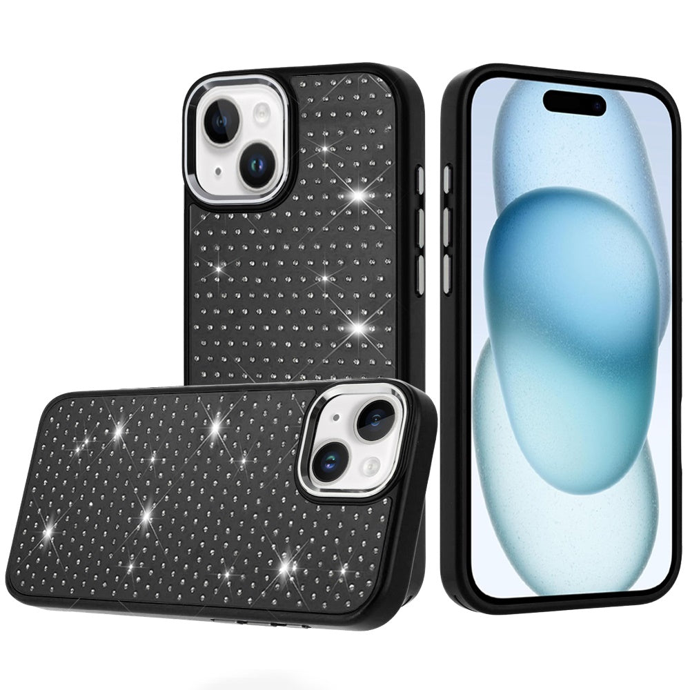 For iPhone 15 Case Rhinestone Faux Mini Crystals Chrome Edge + 2 Tempered Glass