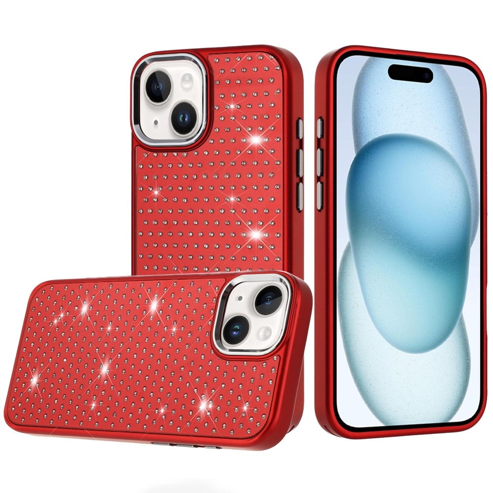 For iPhone 15 Case Rhinestone Faux Mini Crystals Chrome Edge + 2 Tempered Glass