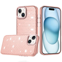 For iPhone 15 Case Rhinestone Faux Mini Crystals Chrome Edge + 2 Tempered Glass