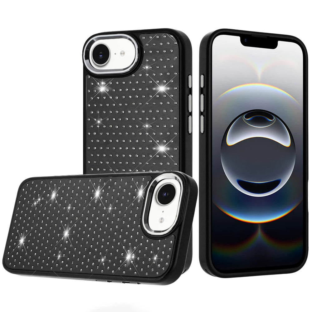 For iPhone 16e Case Rhinestone Faux Crystals Chrome Plated + Tempered Glass