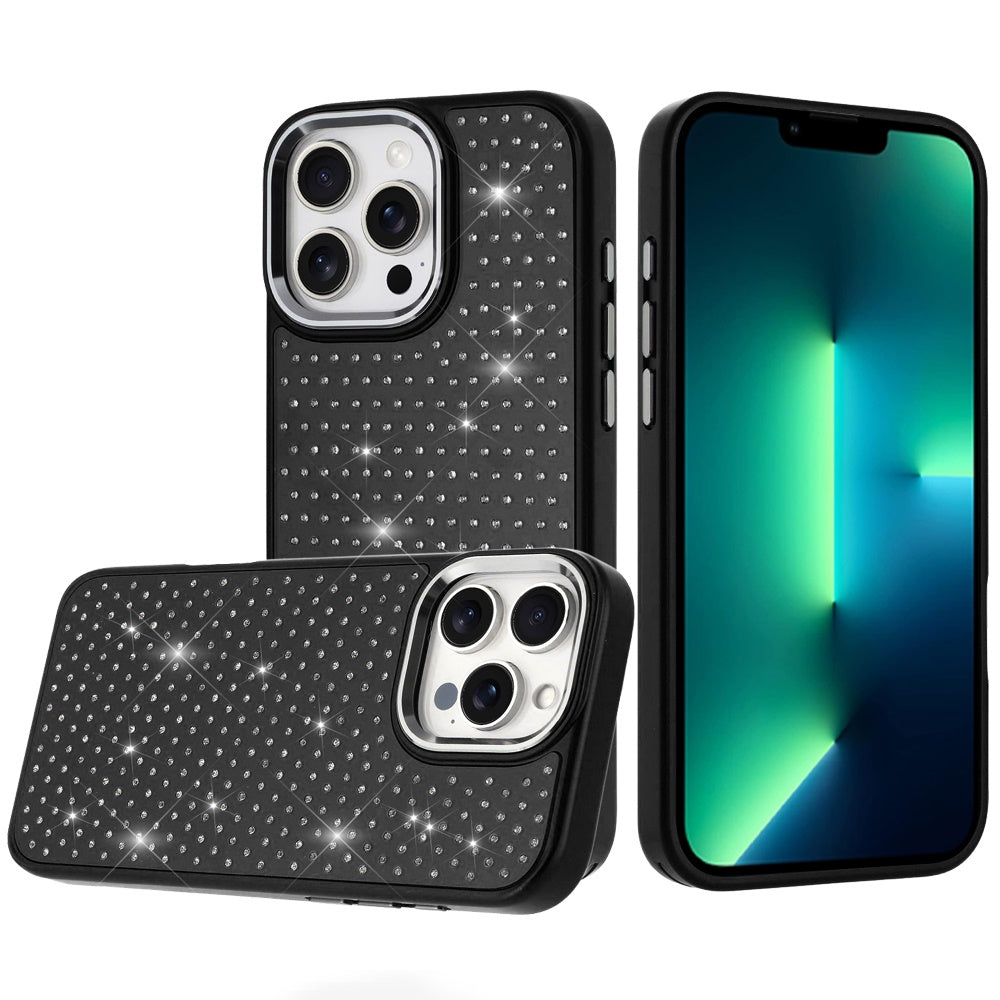 For iPhone 13 Pro Max Case Rhinestone Faux Mini Crystals Chrome Plated Cover