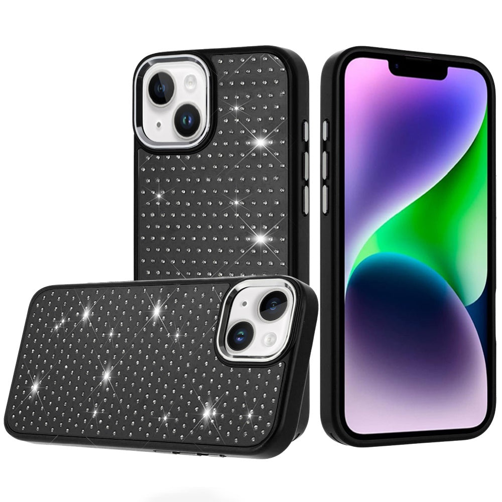 For iPhone 13/14 Case Rhinestone Faux Crystals Chrome Plated + Tempered Glass