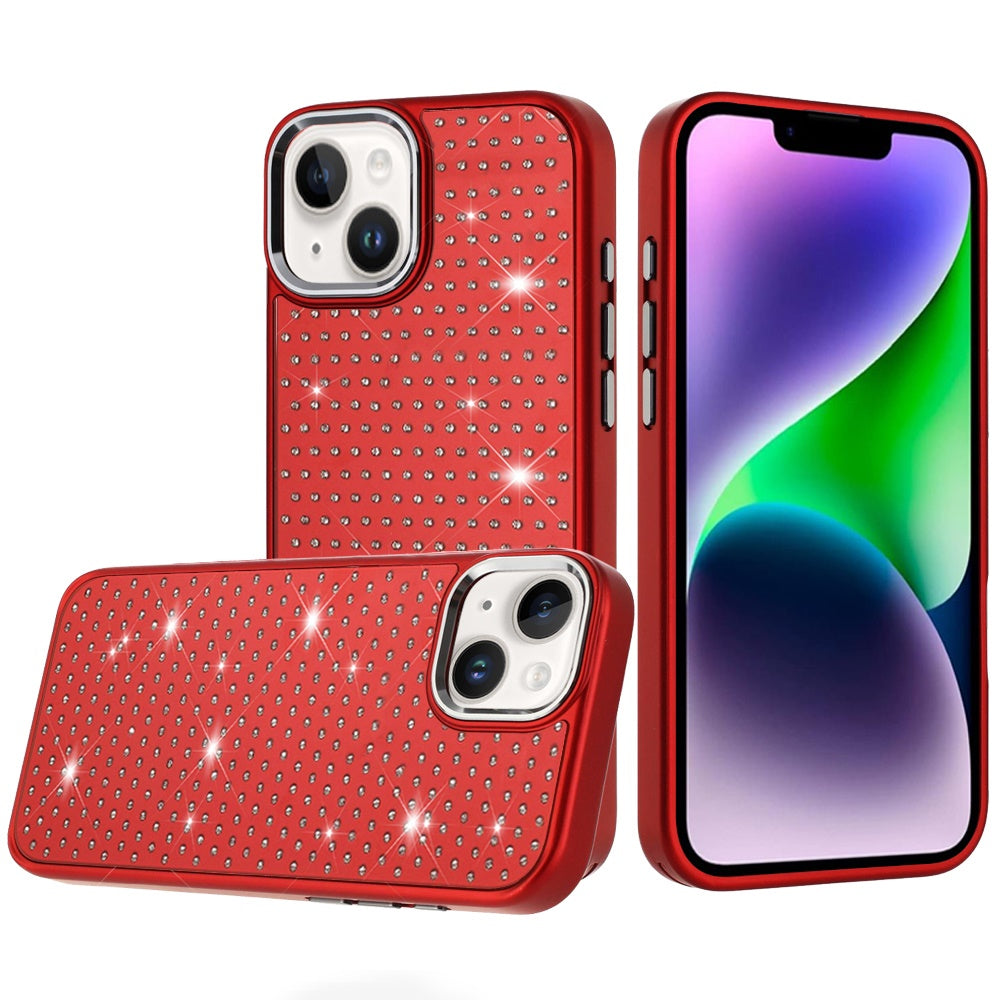 For iPhone 13/14 Case Rhinestone Faux Crystals Chrome Plated + Tempered Glass